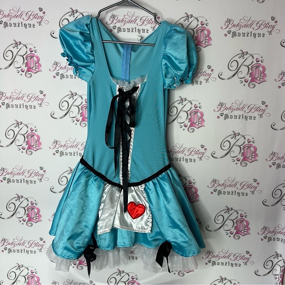Alice in wonderland Costume Dress blue puff shoulders rare cosplay corset lace